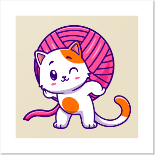 Cute Cat Bring Yarn Ball Cartoon Posters and Art